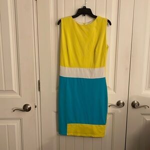 Women’s sleeveless dress midi length EMAGE size 14‎ colorblock yellow white blue